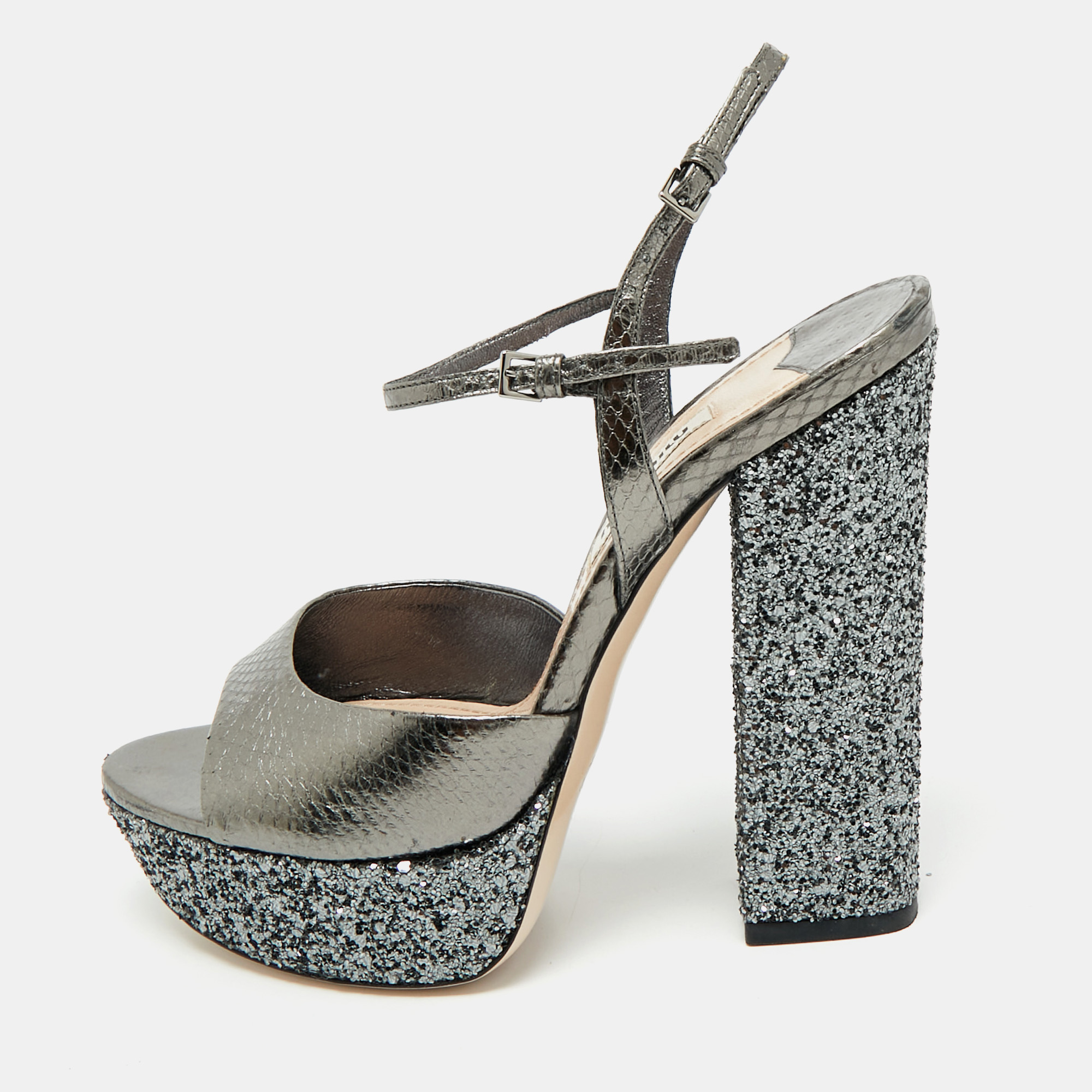Miu Miu Silver Glitter and Snakeskin Embossed Leather Ankle Strap Sandals Size 36, Sandals - Luxury Closet catalog