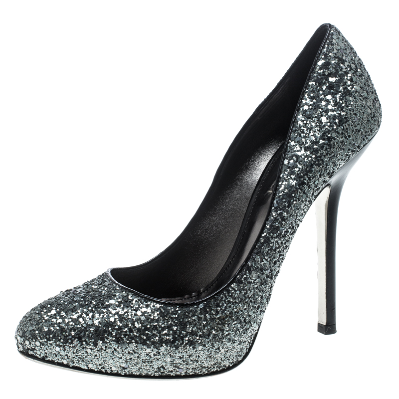 Miu Miu Metallic Silver Coarse Glitter Platform Pumps Size 39, Pumps - Luxury Closet catalog