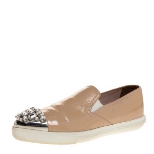 Miu Miu Beige Patent Leather Crystal Embellished Pointed Cap Toe Slip On Sneakers Size 35, Athletic Shoes & Sneakers - Luxury Closet catalog