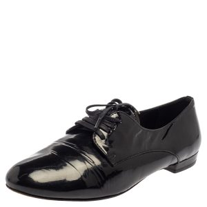 Miu Miu Black Patent Leather Flat Lace Up Derby Size 35.5, Flats - Luxury Closet catalog