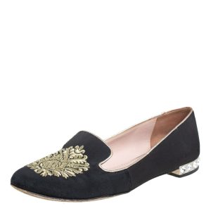 Miu Miu Black Canvas Embroidered Crystal Embellished Smoking Slippers Size 36, Flats - Luxury Closet catalog