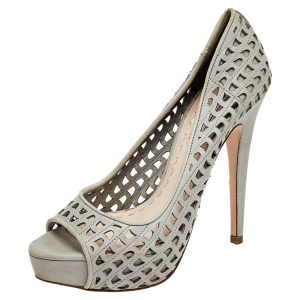Miu Miu Grey Laser Cut Leather Peep Toe Platform Pumps Size 37, Pumps - Luxury Closet catalog