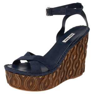 Miu Miu Blue Suede Wedge Platform Ankle Strap Sandals Size 40, Sandals - Luxury Closet catalog