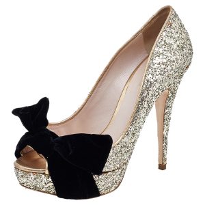 Miu Miu Metallic Gold Glitter Leather And Velvet Bow Peep Toe Pumps Size 38, Pumps - Luxury Closet catalog