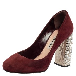 Miu Miu Burgundy Suede Crystal Embellished Block Heel Pumps Size 35, Pumps - Luxury Closet catalog