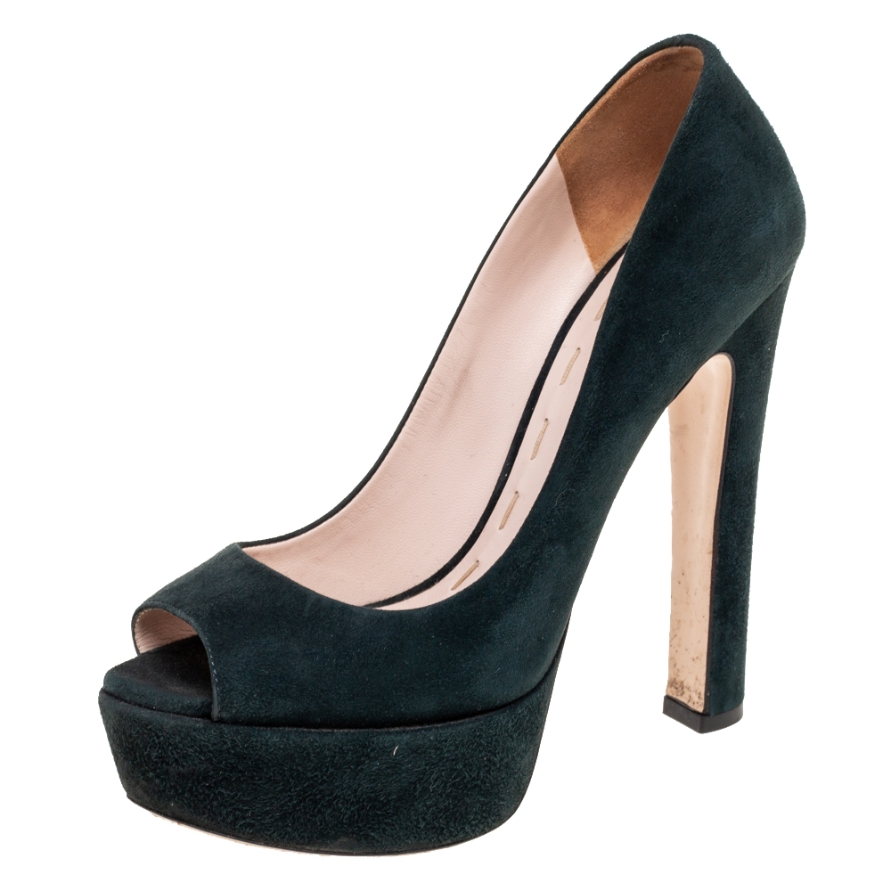 Miu Miu Dark Green Suede Peep Toe Platform Pumps Size 36, Pumps - Luxury Closet catalog