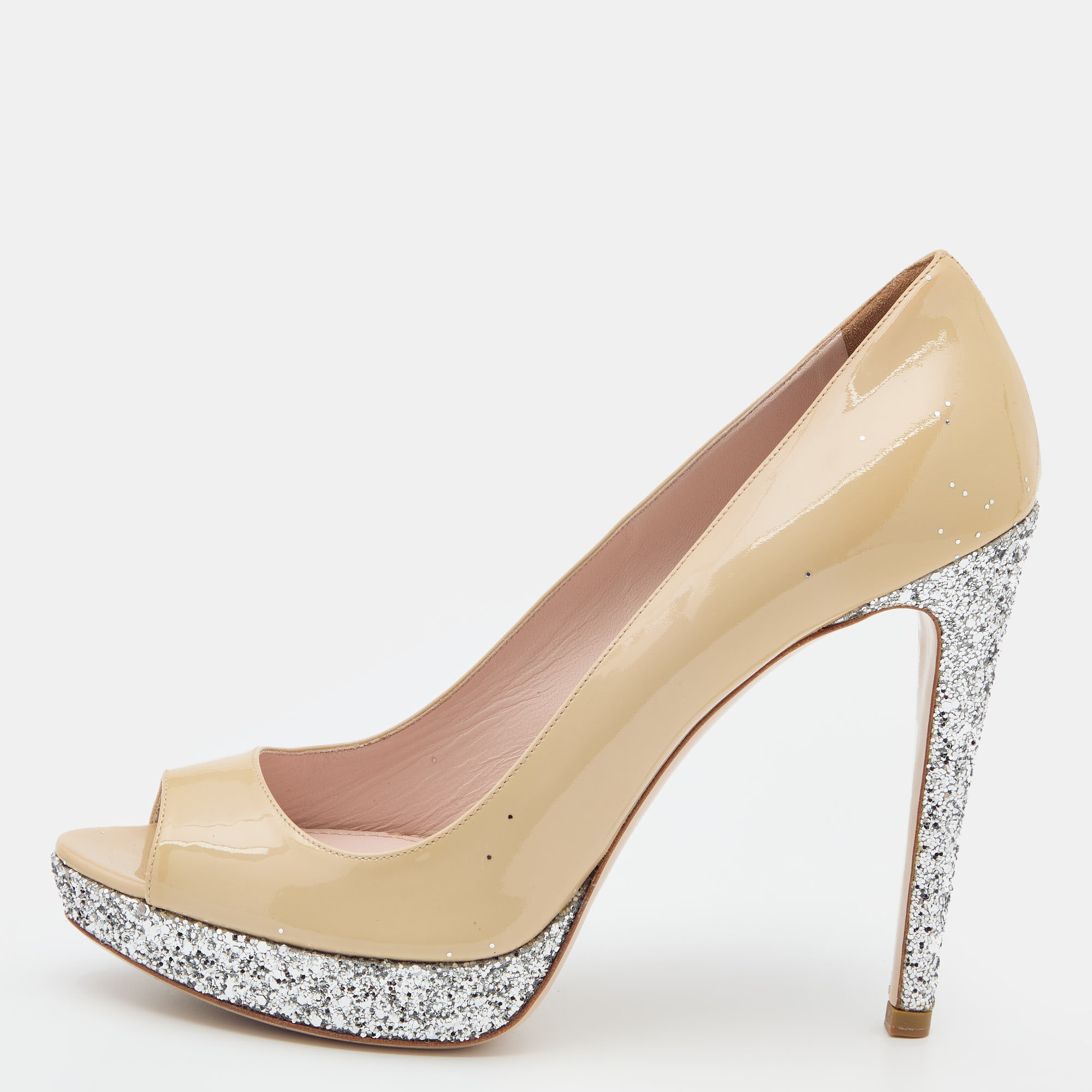 Miu Miu Beige/Silver Patent Leather and Glitter Peep Toe Platform Pumps Size 40, Pumps - Luxury Closet catalog