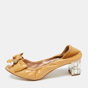 Miu Miu Beige Patent Leather Bow Crystal Studded Heel Peep-Toe Pumps Size 38, Pumps - Luxury Closet catalog