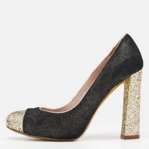 Miu Miu Black/Gold Calf Hair And Glitter Cap Toe Block Heel Pumps Size 37.5, Pumps - Luxury Closet catalog