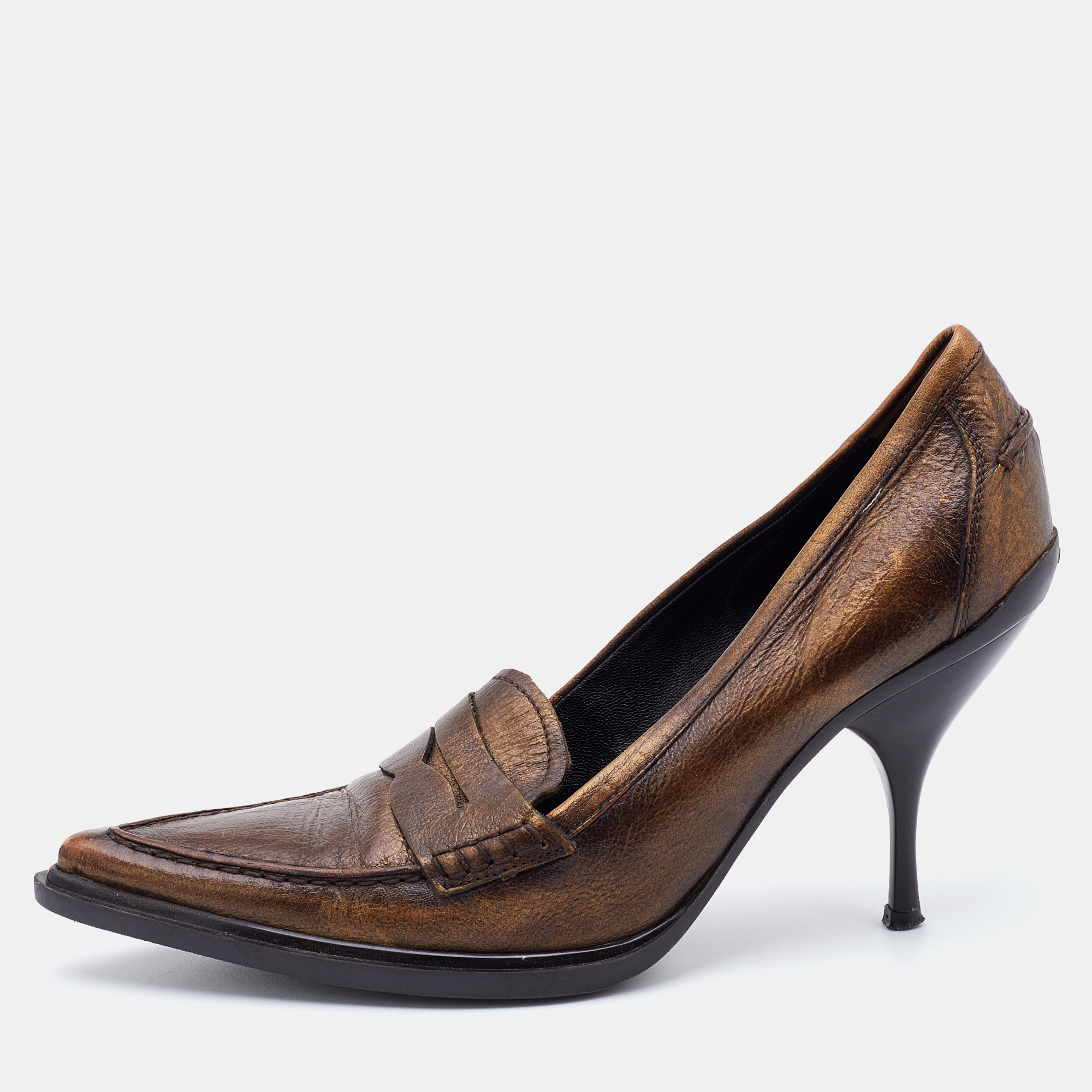 Miu Miu Metallic Brown Leather Pointed Toe Loafer Pumps Size 36.5, Pumps - Luxury Closet catalog