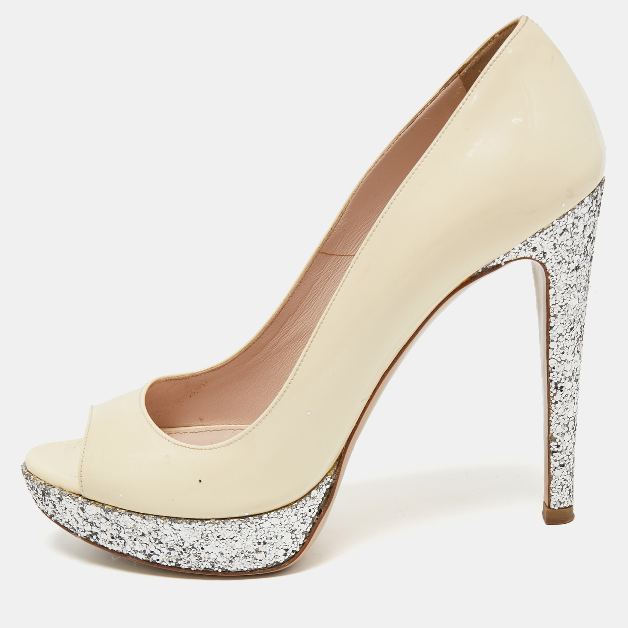 Miu Miu Cream Patent Leather And Coarse Glitter Peep Toe Platform Pumps Size 36.5, Pumps - Luxury Closet catalog