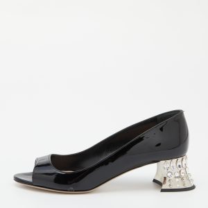Miu Miu Black Patent Leather Crystal Embellished Block Heel Peep Toe Pumps Size 35.5, Pumps - Luxury Closet catalog