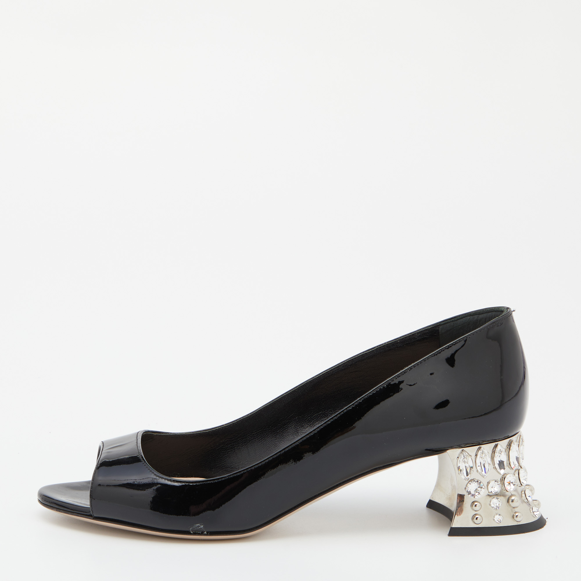 Miu Miu Black Patent Leather Crystal Embellished Block Heel Peep Toe Pumps Size 35.5, Pumps - Luxury Closet catalog