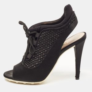 Miu Miu Black Satin and Mesh Open Toe Lace Up Slingback Booties Size 37, Boots - Luxury Closet catalog