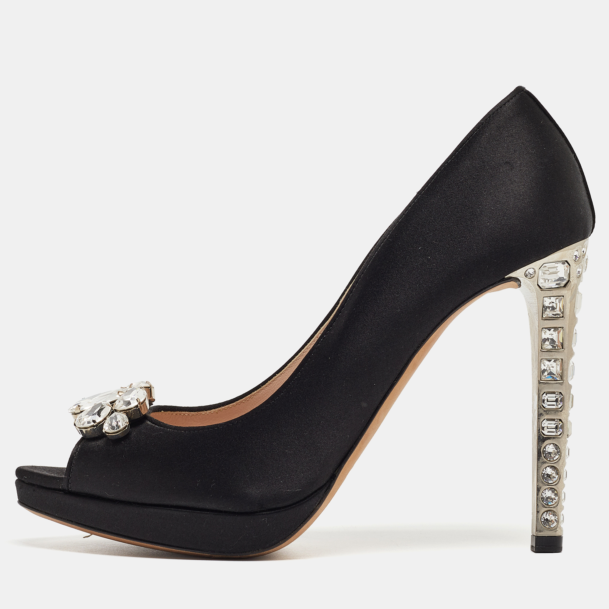 Miu Miu Black Satin Crystal Embellished Open Toe Pumps Size 40.5, Pumps - Luxury Closet catalog