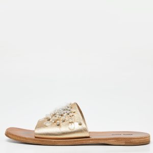 Miu Miu Gold Leather Crystal Embellished Open Toe Flat Slides Size 40, Flats - Luxury Closet catalog