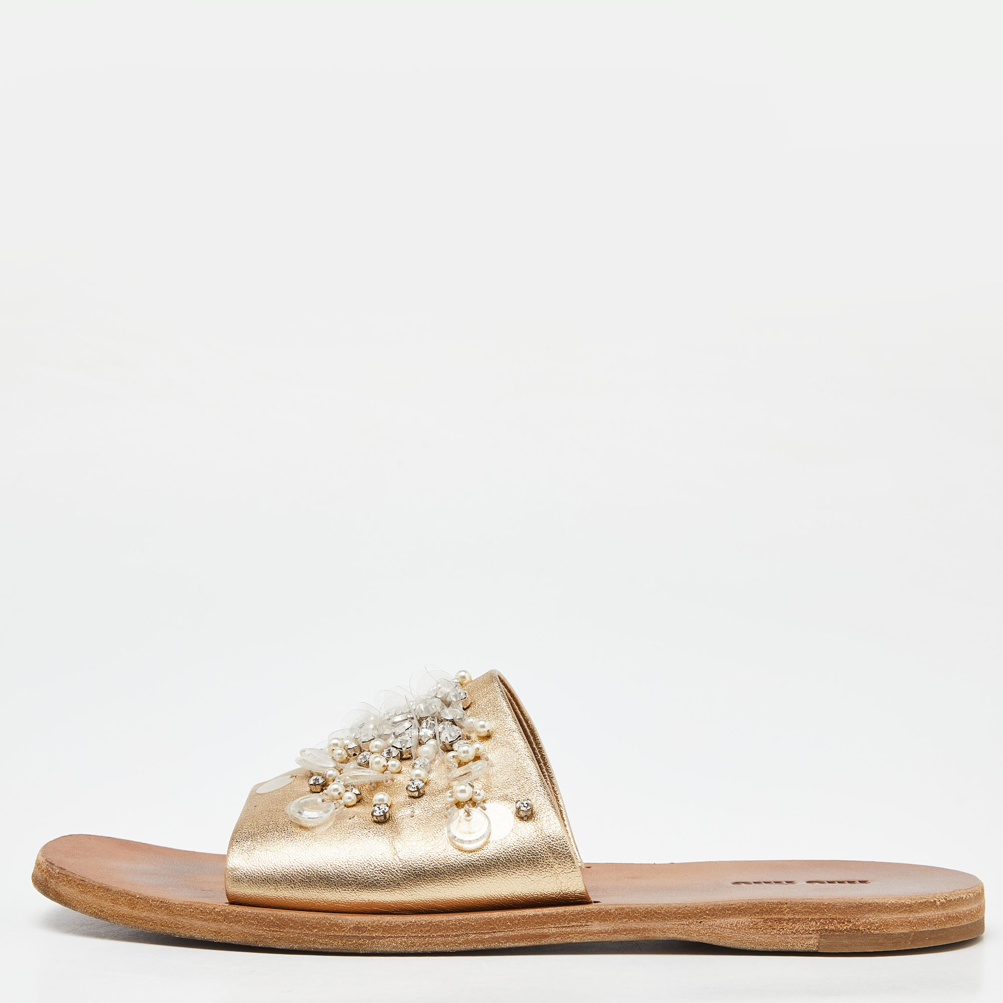 Miu Miu Gold Leather Crystal Embellished Open Toe Flat Slides Size 40, Flats - Luxury Closet catalog