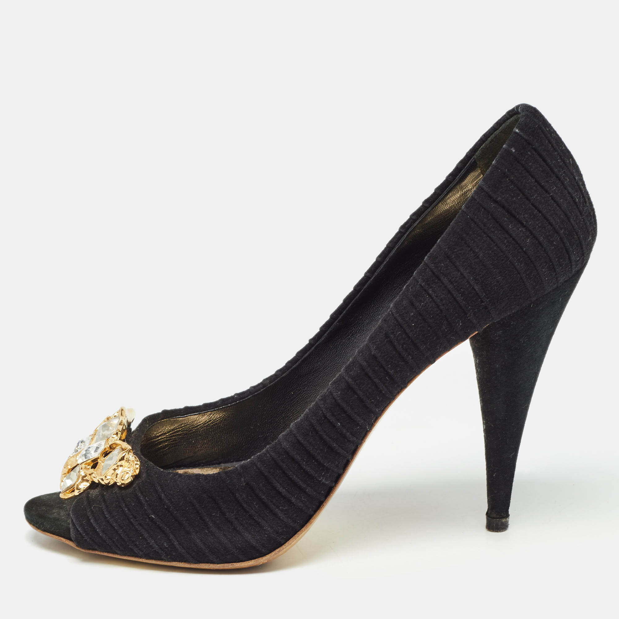 Miu Miu Black Suede Crystals Embellishment Peep Toe Pumps Size 41, Pumps - Luxury Closet catalog