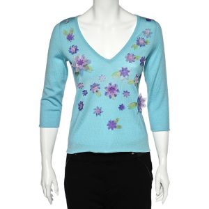 Moschino Cheap and Chic Blue Wool Floral Applique V-Neck Sweater M, Sweaters & Cardigans - Luxury Closet catalog