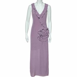 Moschino Cheap & Chic Lilac Silk Chiffon Rose Floral Draped Slit Detail Maxi Dress M, Dresses - Luxury Closet catalog