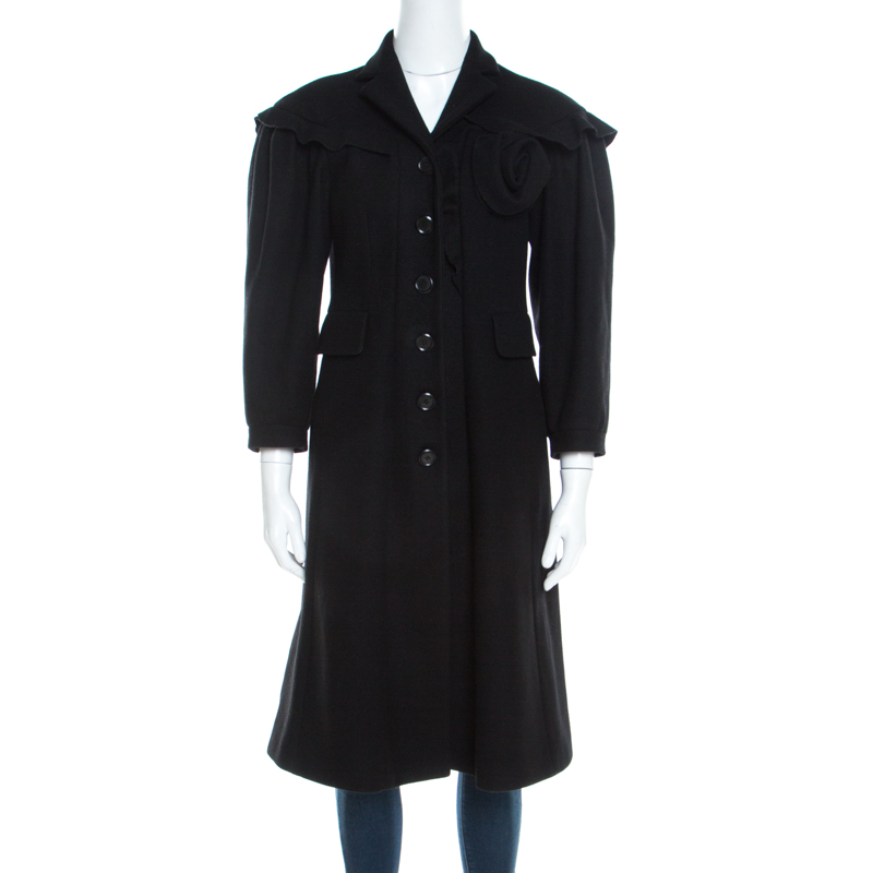 Moschino Black Wool Ruffled Trim Rosette Applique Button Front Long Coat M, Coats & Jackets - Luxury Closet catalog