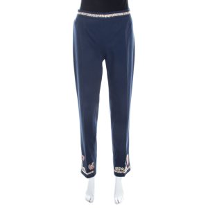 Moschino Navy Blue Cotton Embroidered Embellished Detail Fitted Trousers M, Clothing - Luxury Closet catalog