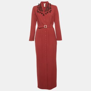 MUGLER Maroon Embroidered Collar Crepe Belted Maxi Dress L, Dresses - Luxury Closet catalog