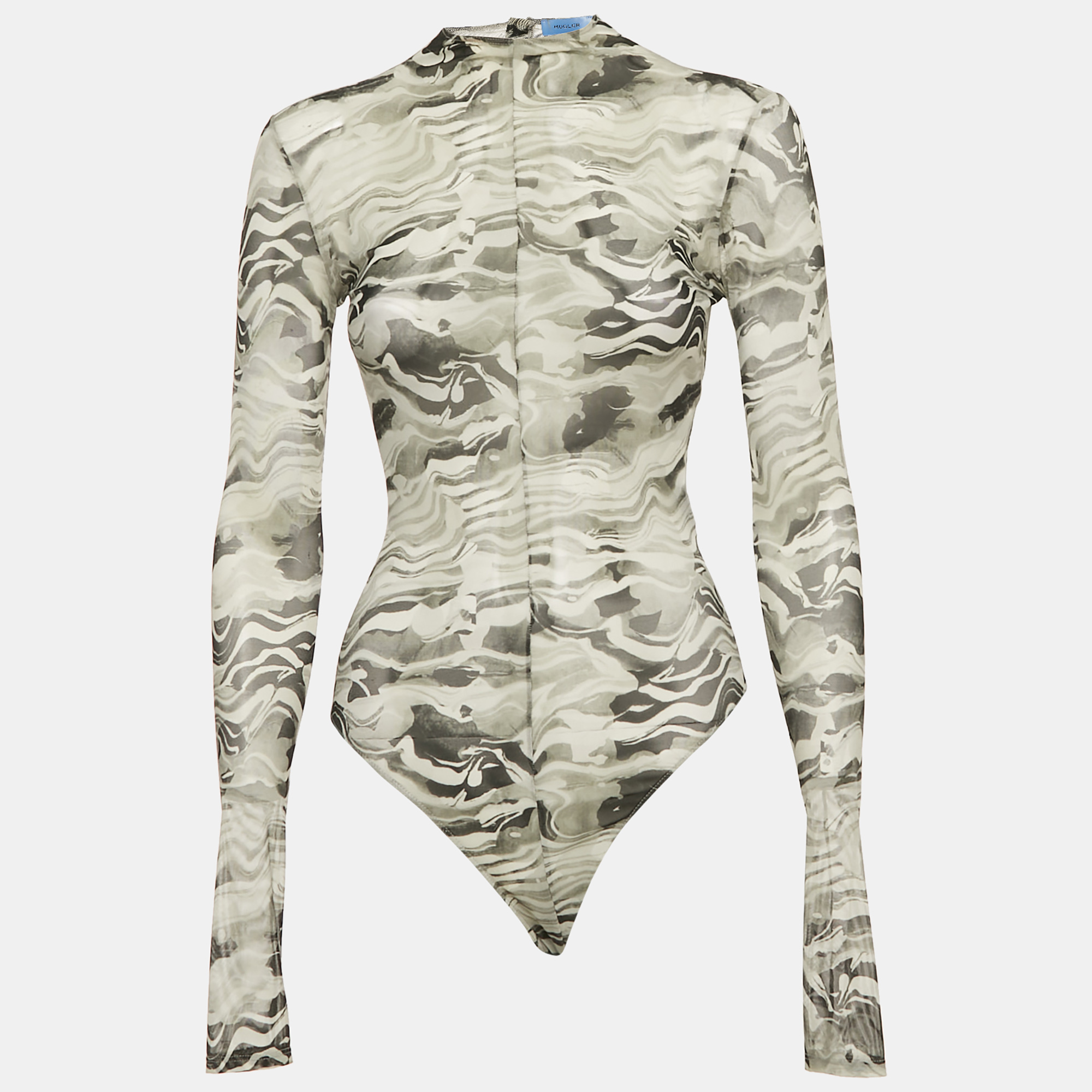 Mugler Grey Camouflage Print Mesh Bodysuit L, Shirts & Tops - Luxury Closet catalog