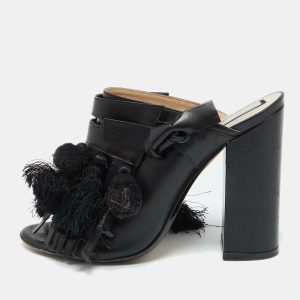 Nº21 Black Leather Tassel Fringe Block Heel Mules Size 40, Sandals - Luxury Closet catalog