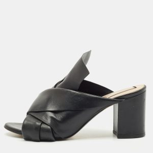 N21 Black Leather Knot Block Heel Slide Sandals Size 37.5, Sandals - Luxury Closet catalog