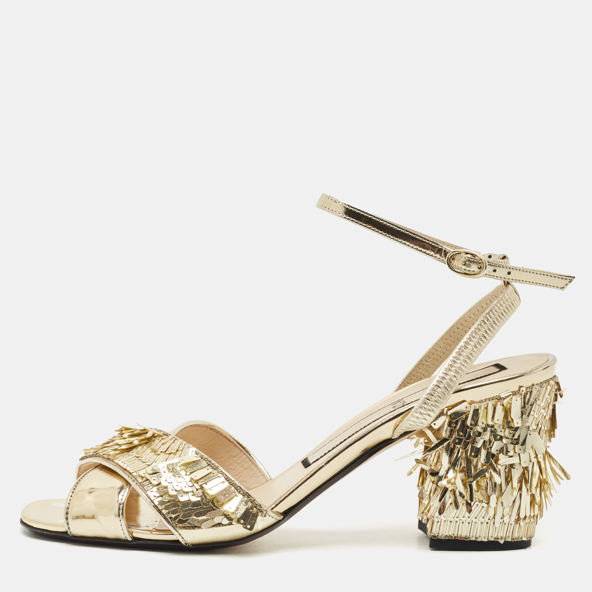 N°21 Gold Leather Sequinned Block Heel Ankle Strap Sandals Size 39, Sandals - Luxury Closet catalog