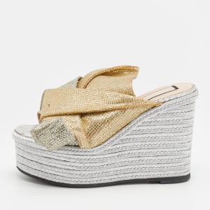 N21 Silver/Gold Glitter Fabric Raso Knot Espadrille Platform Wedge Sandals Size 35.5, Sandals - Luxury Closet catalog