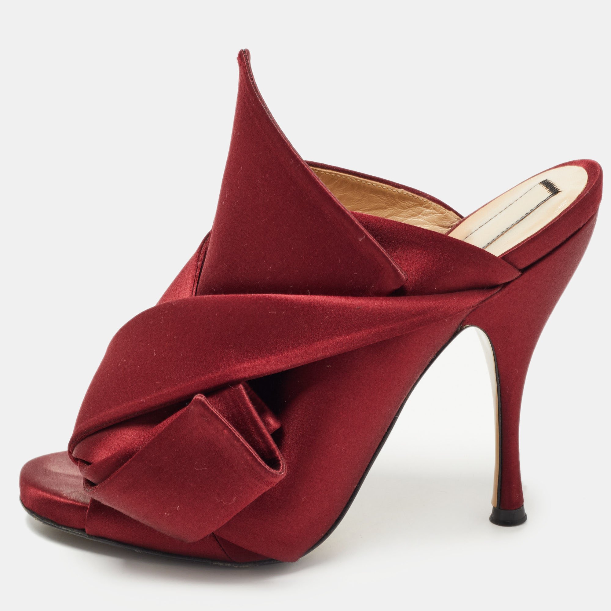 N21 Burgundy Satin Raso Knot Peep Toe Mules Size 37, Sandals - Luxury Closet catalog