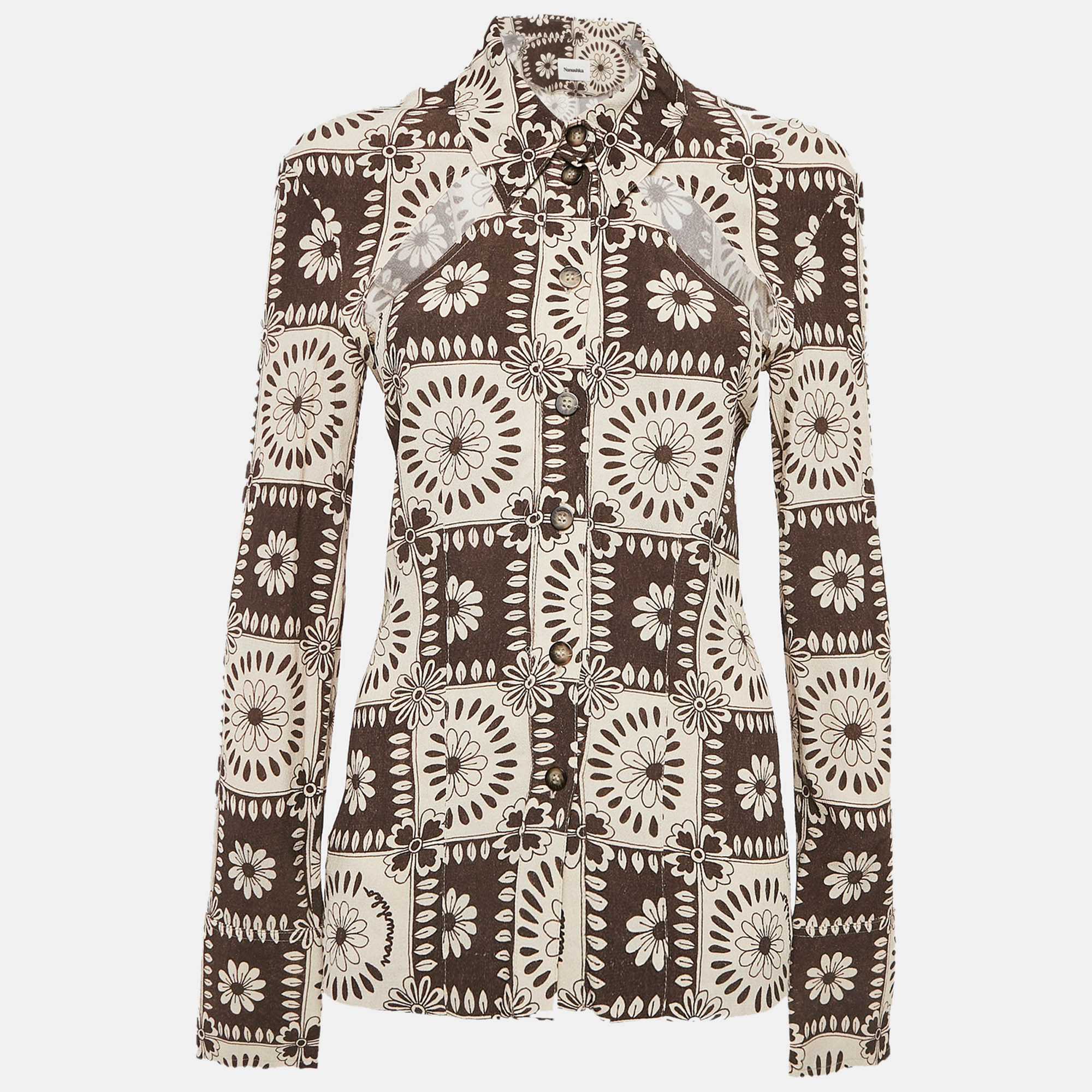 Nanushka Brown Printed Crepe Cut-Out Detail Blouse S, Shirts & Tops - Luxury Closet catalog