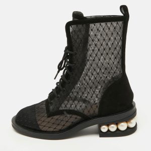 Nicholas Kirkwood Black Mesh and Suede Casati Pearl Ankle Length Boots Size 38, Boots - Luxury Closet catalog