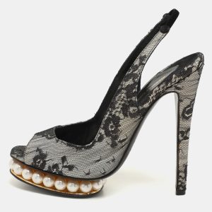 Nicholas Kirkwood Black Lace and Lurex Fabric Slingback Sandals Size 37, Sandals - Luxury Closet catalog