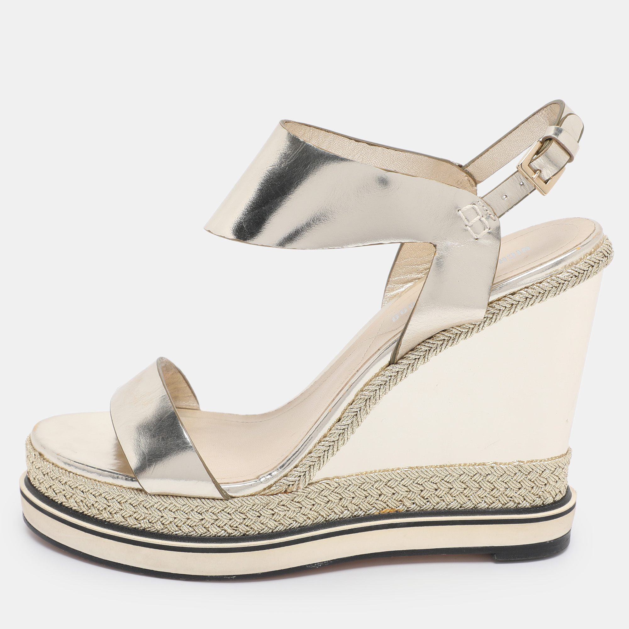 Nicholas Kirkwood Metallic Gold Foil Leather Wedge Espadrille Ankle Strap Sandals Size 38.5, Sandals - Luxury Closet catalog