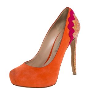 Nicholas Kirkwood Orange Suede And Coarse Glitter Heel Platform Pumps Size 38, Pumps - Luxury Closet catalog