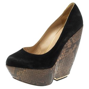 Nicholas Kirkwood Black Suede And Python Leather Wedge Platform Pumps Size 39.5, Pumps - Luxury Closet catalog