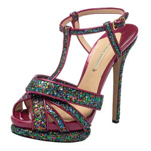 Nicholas Kirkwood Pink Patent Leather and Glitter T Strap Platform Sandals Size 39, Sandals - Luxury Closet catalog