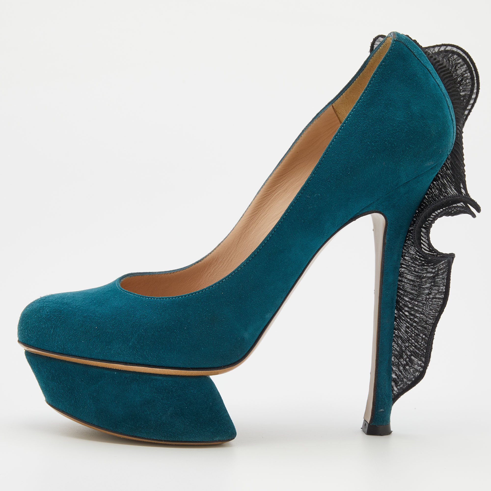 Nicholas Kirkwood Teal Blue/Black Suede and Ruffle Fabric Platform Pumps Size 37, Pumps - Luxury Closet catalog