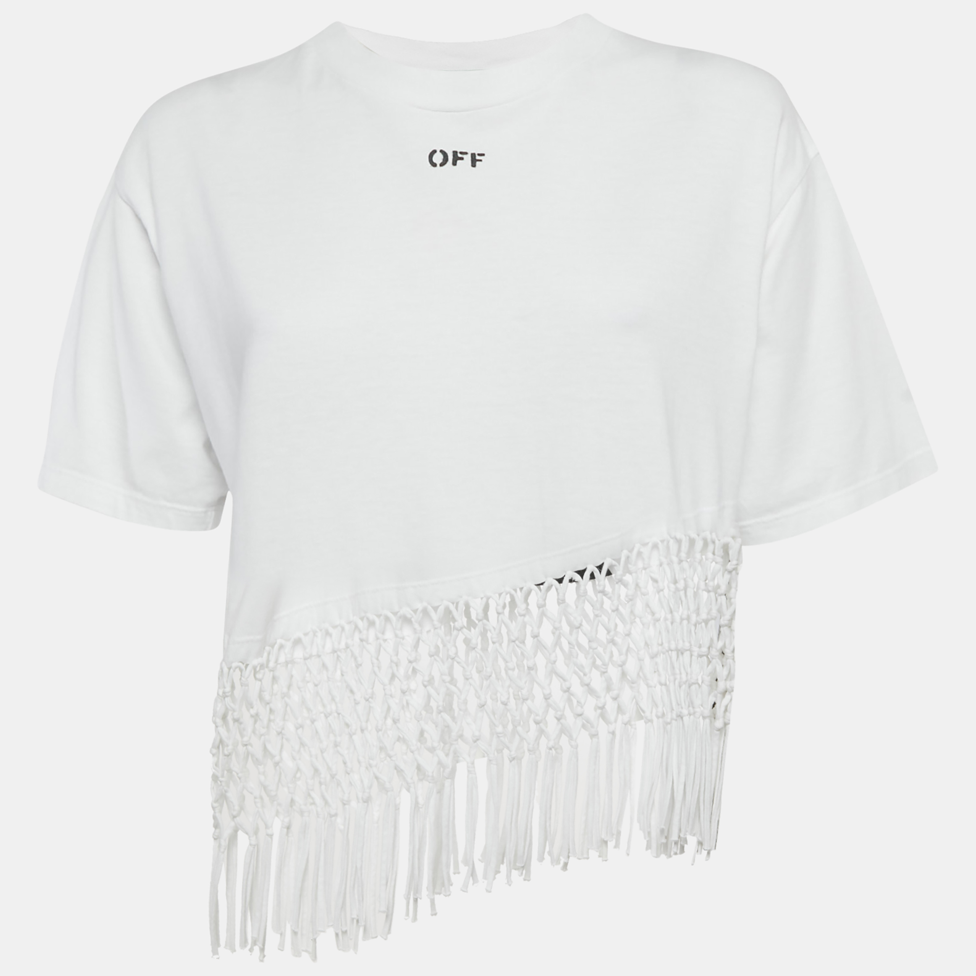 Off-White White Cotton Asymmetric Fishnet Hem T-Shirt S, Shirts & Tops - Luxury Closet catalog