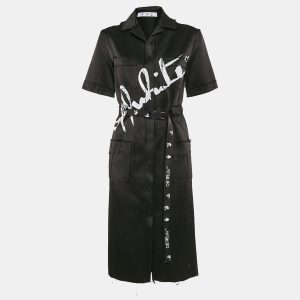 Off-White Black Printed Satin Button Front Belted Tokyo Dress XS, Dresses - Luxury Closet catalog