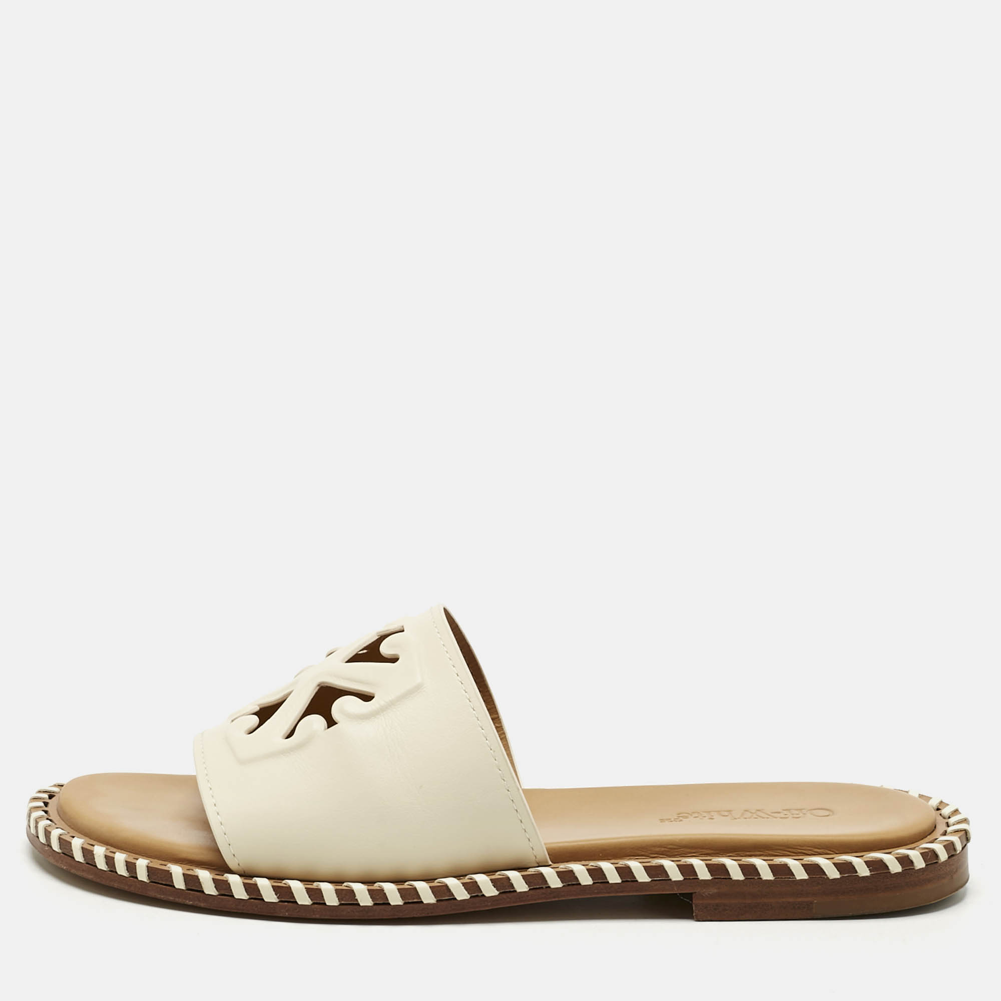 Off-White Cream Leather Twist Arrow Flat Slides Size 38, Sandals - Luxury Closet catalog