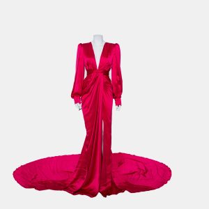Ong-Oaj Pairam Fuschia Pink Silk Satin Plunge Neck Trail Detail Angelica Gown M, Dresses - Luxury Closet catalog