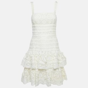 Oscar de la Renta Off-White Lace Ruffled Sleeveless Mini Dress S, Dresses - Luxury Closet catalog