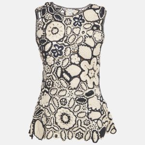 Oscar de la Renta Blue/Cream Patterned Crochet Top M, Shirts & Tops - Luxury Closet catalog