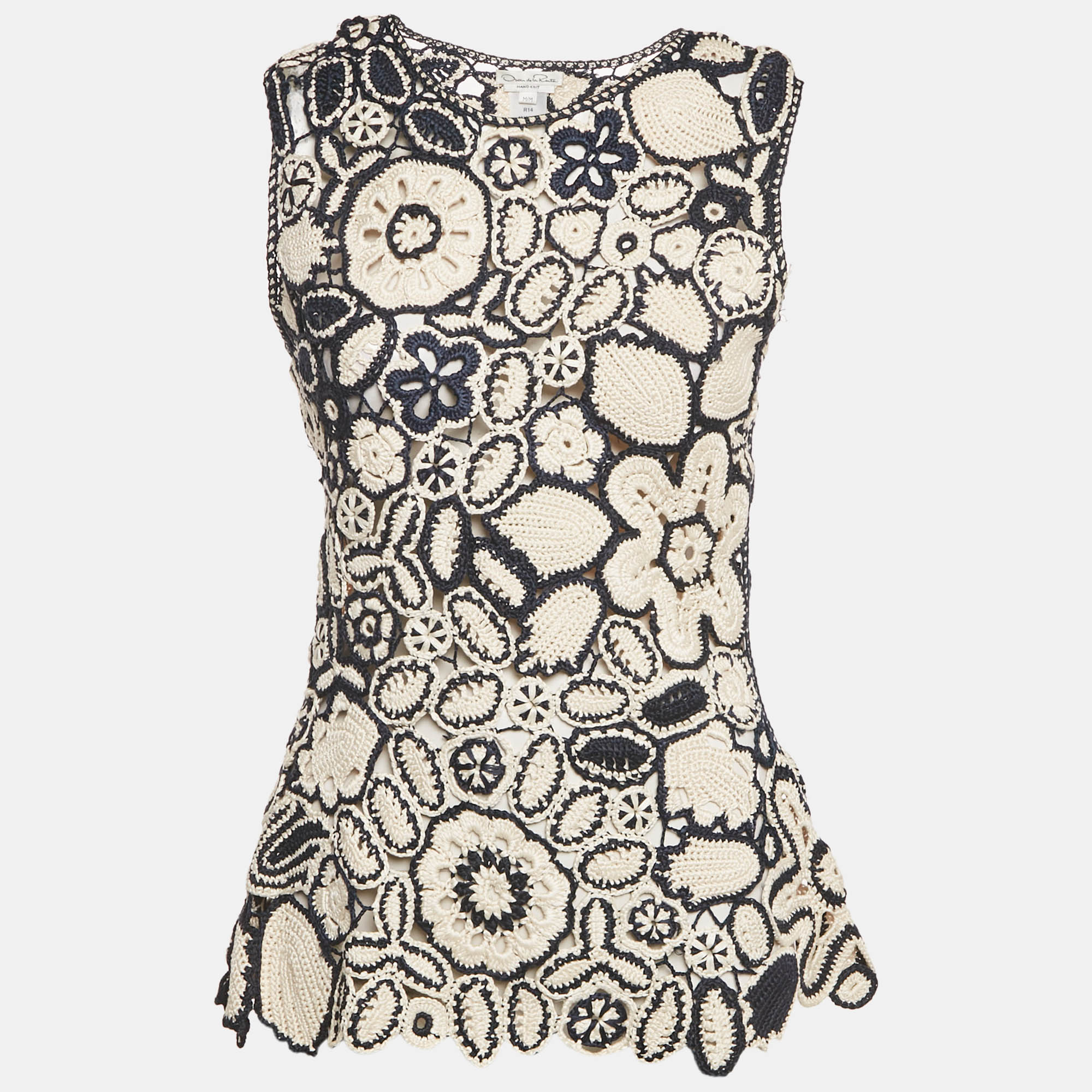 Oscar de la Renta Blue/Cream Patterned Crochet Top M, Shirts & Tops - Luxury Closet catalog
