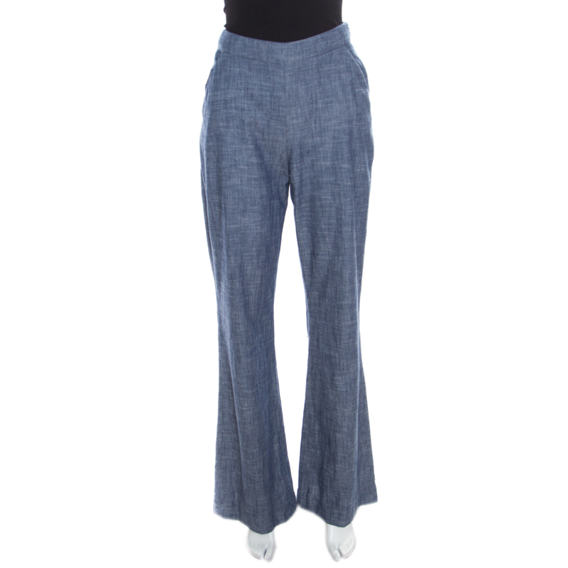 Oscar de la Renta Blue Cotton High Waisted Wide Leg Trousers M, Clothing - Luxury Closet catalog