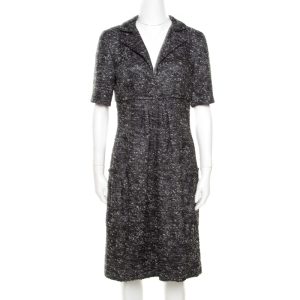 Oscar de la Renta Grey Textured Lurex Plunge Neck Detail Short Sleeve Dress M, Dresses - Luxury Closet catalog